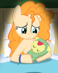 Size: 4000x5000 | Tagged: safe, artist:mrkat7214, character:apple bloom, character:pear butter, species:earth pony, species:pony, absurd resolution, adorabloom, baby, baby apple bloom, baby pony, bed, birth, cute, duo, female, foal, hospital bed, messy mane, mother and daughter, newborn, pearabetes, show accurate, vector, younger