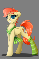 Size: 2000x3000 | Tagged: safe, artist:skitsroom, oc, oc only, oc:rusty gears, species:earth pony, species:pony, clothing, cute, cutie mark, female, gray background, mare, simple background, smiling, socks, solo, striped socks