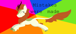Size: 1438x652 | Tagged: safe, artist:dyonys, character:autumn blaze, species:kirin, colored hooves, eyes closed, female, jumping, lineless, mistakes were made, rainbow background, smiling, solo, text