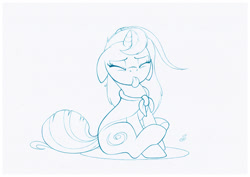 Size: 1073x759 | Tagged: safe, artist:sherwoodwhisper, oc, oc only, oc:eri, species:pony, species:unicorn, clothing, female, lineart, mare, monochrome, sitting, solo, tongue out, traditional art