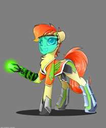 Size: 2500x3000 | Tagged: safe, artist:skitsroom, oc, oc only, oc:rusty gears, species:earth pony, species:pony, amputee, clothing, cute, cutie mark, female, gray background, mare, prosthetic limb, prosthetics, simple background, smiling, socks, solo