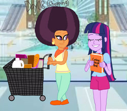 Size: 3000x2620 | Tagged: safe, artist:bigpurplemuppet99, character:saffron masala, character:twilight sparkle, my little pony:equestria girls, 30 day otp challenge, afro, alternate clothes, cookbook, equestria girls-ified, female, lesbian, mall, shipping, shopping, twiffron