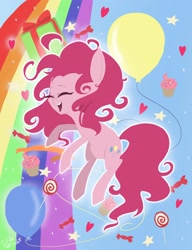 Size: 2300x3000 | Tagged: safe, artist:silbersternenlicht, character:pinkie pie, species:pony, balloon, candy, cupcake, cute, diapinkes, eyes closed, female, happy, heart, open mouth, present, solo