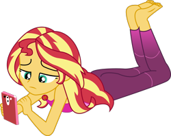 Size: 2541x2010 | Tagged: safe, artist:marcorois, character:sunset shimmer, episode:wake up!, g4, my little pony: equestria girls, my little pony:equestria girls, spoiler:choose your own ending (season 2), spoiler:eqg series (season 2), barefoot, cellphone, clothing, feet, female, geode of empathy, magical geodes, pants, phone, prone, simple background, sleeveless, smartphone, solo, transparent background, vector, wake up!: rainbow dash, yoga pants