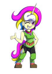 Size: 4677x6614 | Tagged: safe, artist:cafecomponeis, derpibooru original, oc, oc only, oc:trinity deblanc, species:human, boots, clothing, crystal, ear piercing, earring, high res, horn, humanized, humanized oc, jewelry, keychain, multicolored hair, one eye closed, piercing, semi-anthro, shoes, simple background, solo, standing up, transparent background, wink