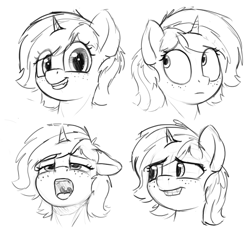 Size: 1046x993 | Tagged: safe, artist:zippysqrl, oc, oc only, oc:sign, species:pony, species:unicorn, :d, bust, expressions, female, freckles, grayscale, looking at you, monochrome, open mouth, sketch, smiling, solo