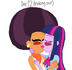 Size: 3000x2921 | Tagged: safe, artist:bigpurplemuppet99, character:saffron masala, character:twilight sparkle, my little pony:equestria girls, 30 day otp challenge, afro, equestria girls-ified, female, kissing, lesbian, making out, shipping, tongue out, twiffron