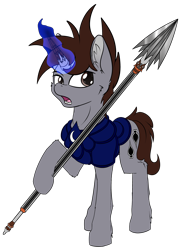 Size: 3270x4515 | Tagged: safe, artist:cafecomponeis, oc, oc only, oc:midnight spades, species:pony, species:unicorn, armor, broken horn, context in description, description is relevant, ear fluff, high res, horn, magic, male, prosthetic horn, prosthetics, reference, simple background, solo, spear, stallion, transparent background, weapon