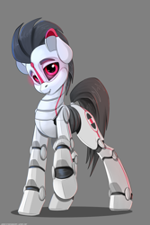 Size: 2000x3000 | Tagged: safe, artist:skitsroom, oc, oc:rubiont, species:pony, cute, gray background, handsome, high res, male, metal, raised hoof, robot, robot pony, simple background, solo