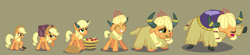 Size: 3731x815 | Tagged: safe, artist:magerblutooth, character:applejack, species:earth pony, species:pony, species:yak, series:mlp transformed, apple, applejack's hat, appleyak, blanket, braid, bucket, carrying, chewing, clothing, commission, cowboy hat, crate, doll, eating, eyes closed, faded cutie mark, food, grass, grin, hair blowing, hair over eyes, hat, horn jewelry, horn ring, horns, jewelry, lidded eyes, mental shift, open mouth, personality change, raised hoof, raised leg, scrunchy face, show accurate, simple background, smiling, species swap, story included, tiara, toy, transformation, transformation sequence, vector, yakified