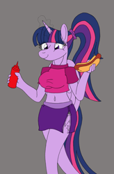 Size: 2360x3608 | Tagged: safe, artist:supra80, character:twilight sparkle, character:twilight sparkle (alicorn), species:alicorn, species:anthro, species:pony, breasts, busty twilight sparkle, clothing, cute, food, hot dog, ketchup, meat, miniskirt, photoshop, ponytail, sauce, sausage, shirt, side slit, skirt, wings, wip