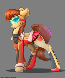 Size: 2500x3000 | Tagged: safe, artist:skitsroom, oc, oc:lunette, species:earth pony, species:pony, boots, clothing, cutie mark, female, goggles, gray background, high res, mare, miniskirt, pleated skirt, shoes, simple background, skirt, smiling, solo, visor