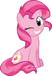 Size: 6587x9600 | Tagged: safe, artist:mrkat7214, character:pinkie pie, character:sunset shimmer, species:earth pony, species:pony, absurd resolution, alternate hairstyle, cute, diapinkes, disguise, fake cutie mark, female, grin, one eye closed, seems legit, simple background, sitting, smiling, solo, transparent background, vector, wink