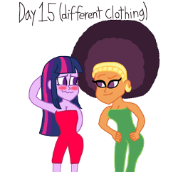 Size: 3000x2903 | Tagged: safe, artist:bigpurplemuppet99, character:saffron masala, character:twilight sparkle, my little pony:equestria girls, 30 day otp challenge, afro, alternate clothes, blushing, equestria girls-ified, female, lesbian, nova clothing, shipping, twiffron