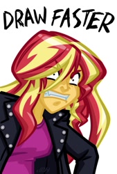 Size: 360x532 | Tagged: safe, artist:texasuberalles, derpibooru original, character:sunset shimmer, my little pony:equestria girls, angry, clothing, cropped, female, jacket, motivation, simple background, solo, white background