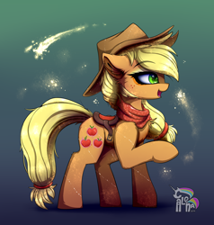 Size: 3320x3485 | Tagged: safe, artist:cafecomponeis, character:applejack, species:earth pony, species:pony, chest fluff, clothing, cute, digital art, ear fluff, female, gradient background, high res, i can't believe it's not magnaluna, jackabetes, jewelry, mare, scarf, solo, style emulation