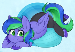 Size: 2870x2000 | Tagged: safe, artist:higgly-chan, oc, oc only, oc:felicity stars, species:pegasus, species:pony, abstract background, blushing, clothing, cute, exercise ball, female, looking at you, pants, prone, simple background, solo, yoga, yoga ball, yoga pants
