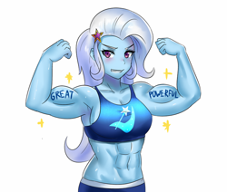 Size: 800x677 | Tagged: safe, artist:tzc, character:trixie, species:human, my little pony:equestria girls, abs, armpits, biceps, body writing, breasts, busty trixie, commission, cutie mark on clothes, female, flexing, grand and muscular trixie, muscles, simple background, solo, white background