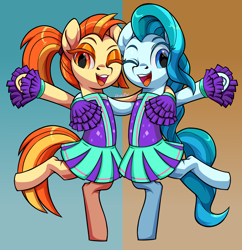 Size: 3792x3912 | Tagged: safe, alternate version, artist:moonseeker, character:lighthoof, character:shimmy shake, species:earth pony, species:pony, episode:2-4-6 greaaat, cheerleader, cheerleader outfit, clothing, cute, duo, duo female, female, looking at you, one eye closed, pleated skirt, pom pom, ponytail, skirt, smiling, standing, wink