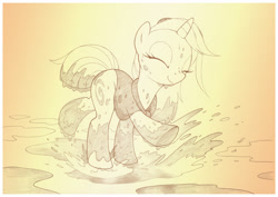 Size: 1073x759 | Tagged: safe, artist:sherwoodwhisper, oc, oc only, oc:eri, oc:whisper, species:pony, species:unicorn, cape, clothing, dirty, eyes closed, female, filly, monochrome, mouse, mud, mud puddle, muddy, puddle, smiling, solo, traditional art