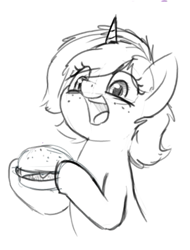 Size: 397x522 | Tagged: safe, artist:zippysqrl, oc, oc only, oc:sign, species:pony, species:unicorn, burger, bust, cute, female, food, freckles, grayscale, hoof hold, imminent bite, imminent nom, lineart, mare, meat, monochrome, ocbetes, open mouth, ponies eating meat, simple background, sketch, smiling, solo, white background