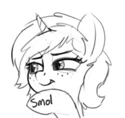 Size: 251x237 | Tagged: safe, artist:zippysqrl, oc, oc only, oc:sign, species:pony, species:unicorn, body writing, bust, female, freckles, grayscale, lidded eyes, monochrome, picture for breezies, simple background, sketch, smiling, smirk, smol, solo, white background