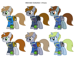 Size: 3562x2714 | Tagged: safe, artist:pika-robo, artist:rhodarein, oc, oc only, oc:littlepip, species:pony, species:unicorn, fallout equestria, alternate costumes, clothing, fanfic, fanfic art, female, hooves, horn, mare, palette swap, pipbuck, recolor, saddle bag, simple background, solo, text, transparent background, vault suit