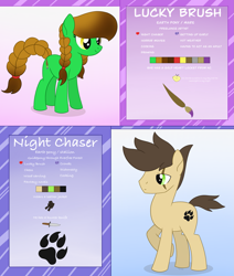 Size: 1989x2346 | Tagged: safe, artist:dyonys, oc, oc:lucky brush, oc:night chaser, braid, clothing, color palette, cutie mark, jacket, jewelry, knife, luckychaser, raised hoof, reference sheet, scar, smiling, standing, text