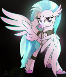 Size: 2630x3069 | Tagged: safe, artist:zidanemina, character:silverstream, species:classical hippogriff, species:hippogriff, g4, alternate costumes, armlet, black background, clothing, colored hooves, ear piercing, earring, female, gradient background, hooves, jacket, jewelry, metal, piercing, signature, simple background, solo, three quarter view, unshorn fetlocks