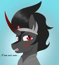 Size: 2119x2318 | Tagged: safe, artist:dyonys, derpibooru original, character:king sombra, species:pony, blushing, bust, curved horn, cute, horn, i'm not cute, male, open mouth, portrait, solo, sombradorable, stallion, text, tsundere