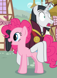 Size: 641x864 | Tagged: safe, artist:mlp-silver-quill, character:chancellor neighsay, character:pinkie pie, species:earth pony, species:pony, species:unicorn, comic:pinkie pie says goodnight, cropped, ponies riding ponies, surprised, voice actor joke