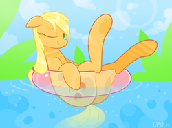 Size: 2956x2196 | Tagged: safe, artist:b-epon, character:applejack, species:earth pony, species:pony, cute, dripping, female, hooves up, inner tube, jackabetes, mare, one eye closed, smiling, solo, underhoof, water, wet mane, wink