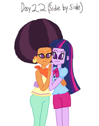 Size: 2000x2550 | Tagged: safe, artist:bigpurplemuppet99, character:saffron masala, character:twilight sparkle, my little pony:equestria girls, 30 day otp challenge, afro, equestria girls-ified, female, lesbian, shipping, side by side, twiffron
