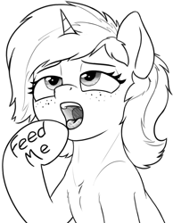 Size: 1055x1358 | Tagged: safe, artist:zippysqrl, oc, oc only, oc:sign, species:pony, species:unicorn, body writing, bust, chest fluff, feed me, female, freckles, grayscale, hoof on chin, lidded eyes, monochrome, mute, open mouth, oral fixation, solo