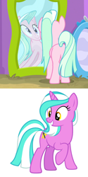 Size: 750x1500 | Tagged: safe, artist:pegasski, edit, edited screencap, screencap, character:tender brush, oc, oc:mane event, species:earth pony, species:pony, species:unicorn, episode:growing up is hard to do, g4, my little pony: friendship is magic, female, mare, mirror, reflection