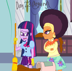 Size: 2000x1970 | Tagged: safe, artist:bigpurplemuppet99, character:saffron masala, character:twilight sparkle, my little pony:equestria girls, 30 day otp challenge, afro, angry, broom, equestria girls-ified, female, gloves, kitchen, lesbian, mess, rubber gloves, shipping, twiffron