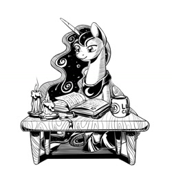 Size: 1181x1178 | Tagged: safe, artist:lexx2dot0, artist:maytee, character:princess luna, species:alicorn, species:pony, book, candle, female, mare, monochrome, mug, reading, simple background, sitting, solo, white background