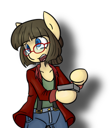 Size: 1300x1478 | Tagged: safe, artist:spheedc, oc, oc:sphee, species:earth pony, species:pony, bipedal, button, clothing, digital art, female, glasses, jacket, mare, semi-anthro, shadow, simple background, solo, suspenders, white background, worried