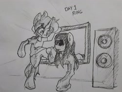 Size: 3456x2592 | Tagged: safe, artist:spheedc, oc, oc:dream chaser, species:pony, species:unicorn, inktober, bipedal, ghost, ghost pony, inktober 2019, male, ponified, semi-anthro, speakers, stallion, television, the ring, traditional art
