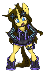 Size: 1370x2076 | Tagged: safe, artist:spheedc, oc, oc:dream chaser, species:pony, species:unicorn, adult neptune, bipedal, clothing, cosplay, costume, digital art, female, hoodie, hyperdimension neptunia, leaning forward, mare, rule 63, semi-anthro, shoes, simple background, solo, transparent background