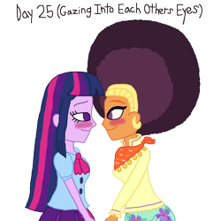 Size: 2000x2000 | Tagged: safe, artist:bigpurplemuppet99, character:saffron masala, character:twilight sparkle, my little pony:equestria girls, afro, blushing, female, lesbian, looking at each other, shipping, twiffron