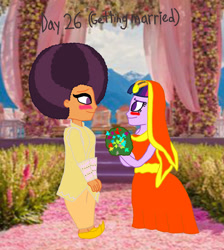 Size: 2000x2233 | Tagged: safe, artist:bigpurplemuppet99, character:saffron masala, character:twilight sparkle, my little pony:equestria girls, afro, alternate clothes, clothing, dress, female, indian clothes, lesbian, shipping, twiffron, wedding dress