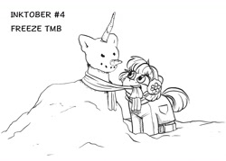 Size: 1586x1136 | Tagged: safe, artist:tillie-tmb, oc, oc:meadow lark, species:earth pony, species:pony, inktober, clothing, earmuffs, female, filly, inktober 2019, monochrome, mouth hold, scarf, snowpony, solo, traditional art