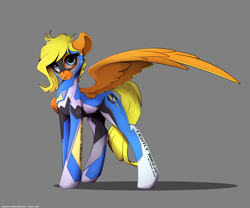 Size: 3000x2500 | Tagged: safe, artist:skitsroom, oc, oc only, oc:lightly breeze, species:pegasus, species:pony, clothing, gray background, high res, one wing out, simple background, smiling, solo, weather patrol