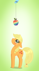 Size: 1155x2079 | Tagged: safe, artist:dyonys, derpibooru original, character:applejack, character:rainbow dash, species:pony, apple, blushing, chibi, cute, female, food, freckles, hatless, implied appledash, implied lesbian, implied shipping, jackabetes, looking up, mare, missing accessory, simple background, standing, wingding eyes, zap apple