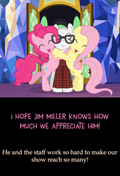 Size: 612x900 | Tagged: safe, artist:mlp-silver-quill, character:fluttershy, character:pinkie pie, species:pony, cropped, hug, jim miller, ponified
