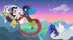 Size: 7273x4033 | Tagged: safe, artist:velveagicsentryyt, character:discord, character:princess celestia, character:princess luna, oc, oc:asterism, oc:moonlight sonata, oc:mysterilestia, parent:discord, parent:king sombra, parent:princess celestia, parent:princess luna, parents:dislestia, parents:lumbra, species:alicorn, species:draconequus, species:pony, absurd resolution, cloud, family, female, filly, hybrid, interspecies offspring, male, mare, missing accessory, offspring, sitting on a cloud, sky