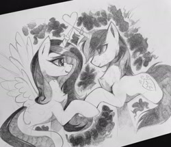 Size: 2048x1758 | Tagged: safe, artist:share dast, character:princess cadance, character:shining armor, species:alicorn, species:pony, species:unicorn, inktober, ship:shiningcadance, black and white, female, grayscale, heart, horn, horn ring, horns are touching, inktober 2019, male, monochrome, shipping, straight, traditional art