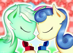 Size: 2358x1728 | Tagged: safe, artist:bluemeganium, character:bon bon, character:lyra heartstrings, character:sweetie drops, species:pony, ship:lyrabon, episode:the big mac question, g4, my little pony: friendship is magic, eyes closed, female, flower, happy, lesbian, marriage proposal, ring, shipping, that was fast