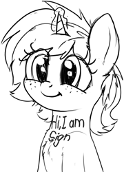 Size: 847x1175 | Tagged: safe, artist:zippysqrl, oc, oc only, oc:sign, species:pony, species:unicorn, body writing, bust, chest fluff, cute, female, filly, freckles, glowing horn, grayscale, horn, mare, monochrome, sketch, smiling, solo, younger